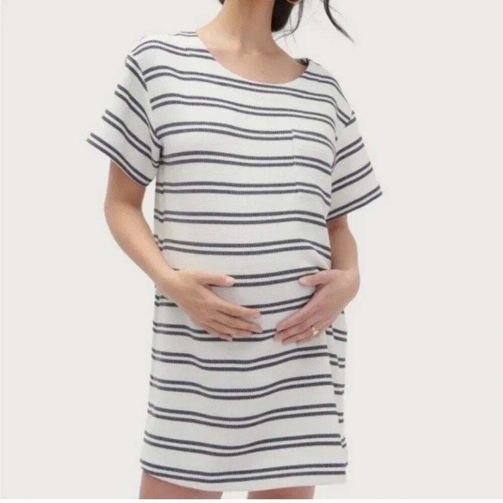 Hatch Isa White Navy Striped Textured Boxy Short Sleeve Maternity Dress L